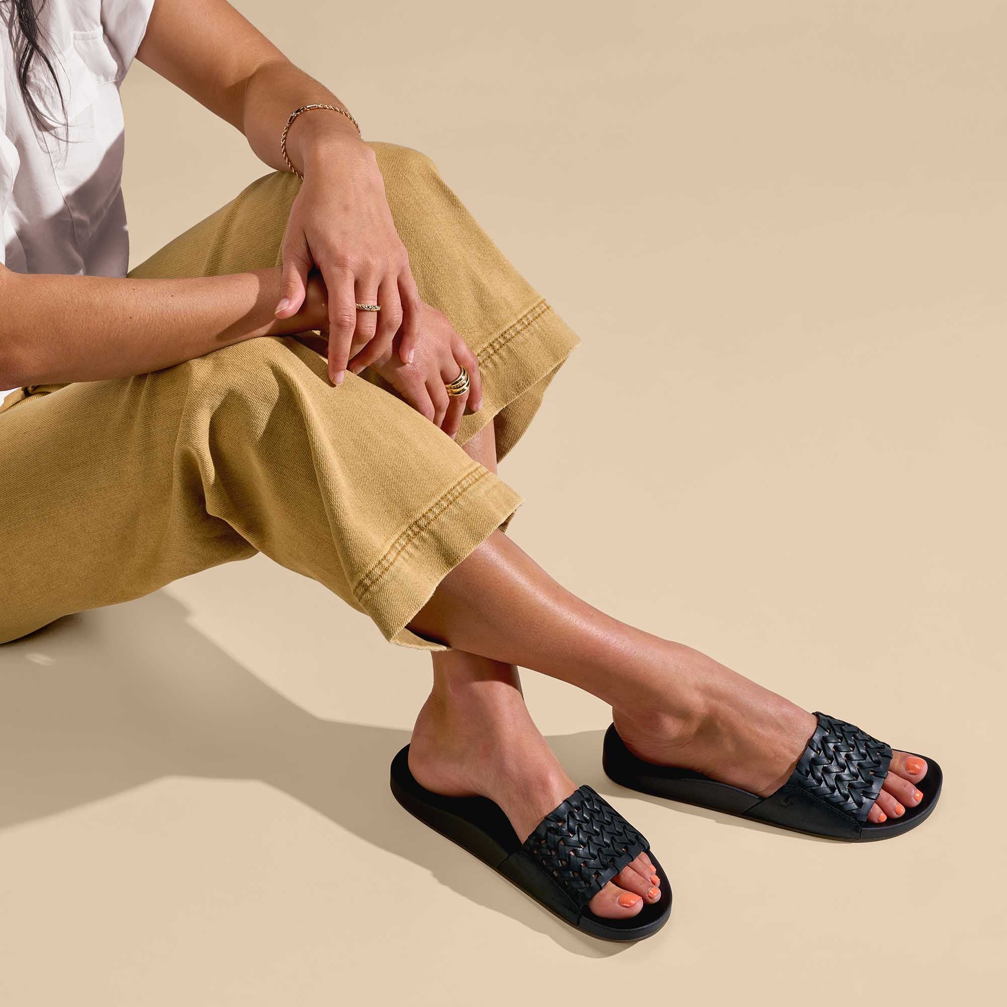 K mola Women's Leather Slide Sandals - Black - Image 4